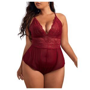 8922 Plus Size Lingerie Sheer Mesh Floral Lace Cutout Teddy Bodysuit Red
